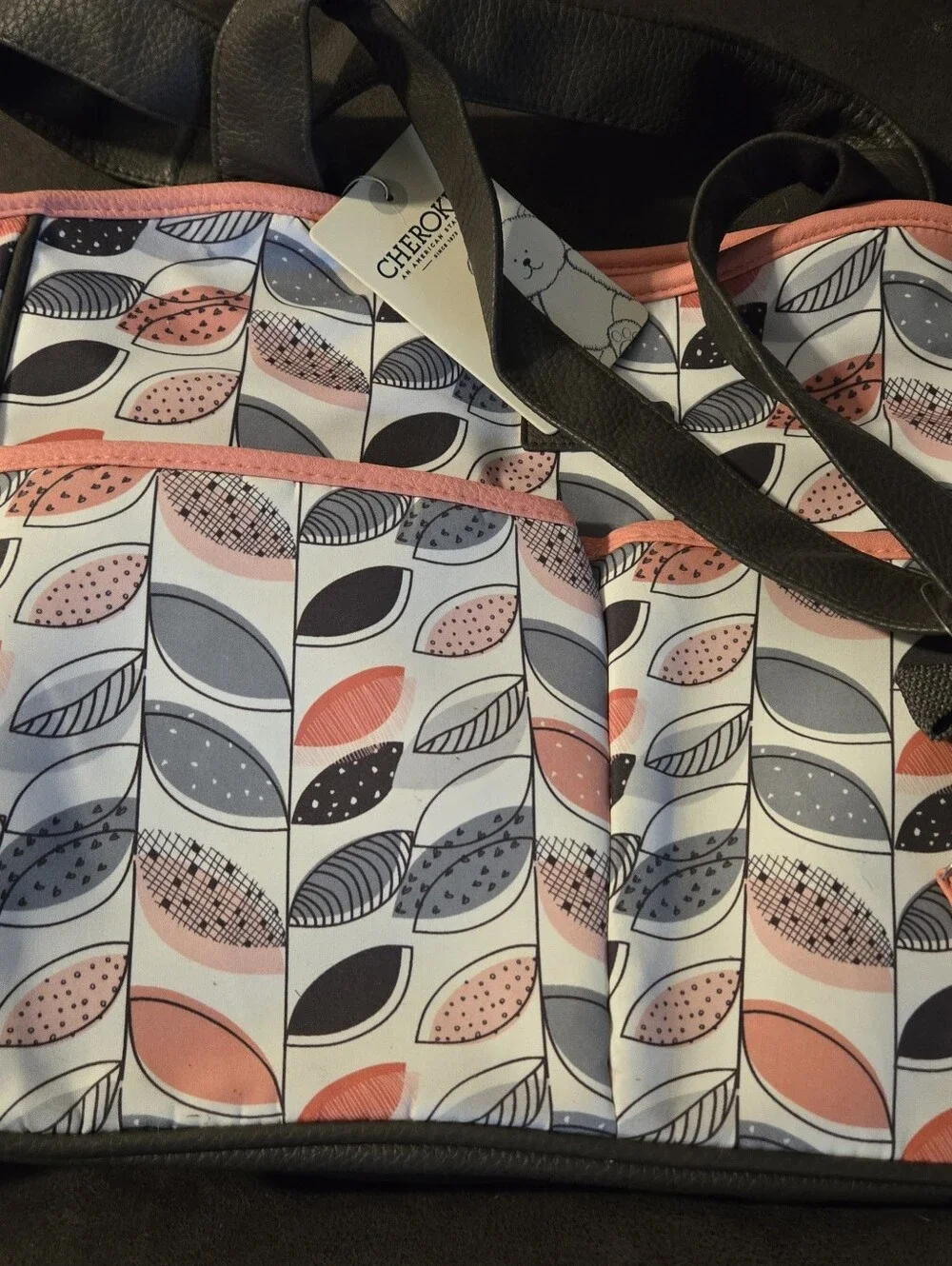 Cherokee Coral Pink and Gray Leaf-Pattern Tote with Black Straps